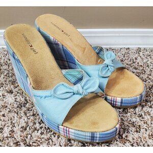 Vtg Y2K Tommy Girl Blue Plaid Fabric Upper Wedge Sandals Sz 9.5 Cute Preppy